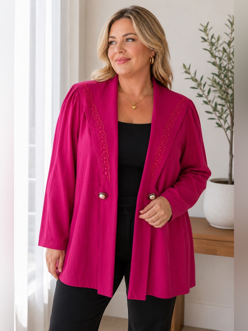 Joseph Ribkoff Magenta Open Front Jacket with Embroidered Lapel Size 14 Vintage